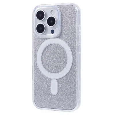 Voor iPhone 16 Pro-hoesje compatibel met MagSafe TPU+Acryl telefoonhoesje met glitterinleg - Zilver