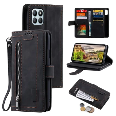 For Honor X6b 4G Case PU Leather Phone Cover with Zipper Wallet 9 Card Slots - Black