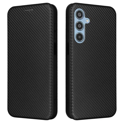 Voor Samsung Galaxy M35 5G hoesje met kaarthouder, koolstofvezelstructuur, lederen telefoonhoes - Zwart