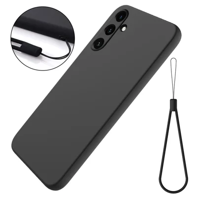 Voor Samsung Galaxy M35 5G hoesje Anti-val Vloeibaar siliconen telefoonhoesje met bandje - Zwart