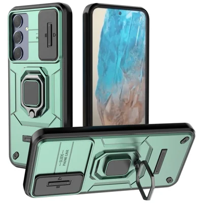 For Samsung Galaxy M35 5G Case PC+TPU Kickstand Phone Protector with Lens Cover - Green