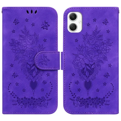 For Samsung Galaxy A06 4G Case PU Leather Wallet Phone Cover Butterfly Flower Imprint - Purple