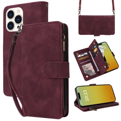 Voor iPhone 15 Pro hoesje met ritssluiting, multi-vakjes portemonnee lederen telefoonhoes met schouder- en polsbandjes - Wijnrood