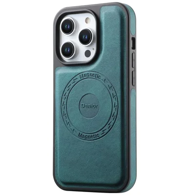 DENIOR A13 For iPhone 15 Pro Case Compatible with MagSafe Leather+PC+TPU Phone Cover - Green