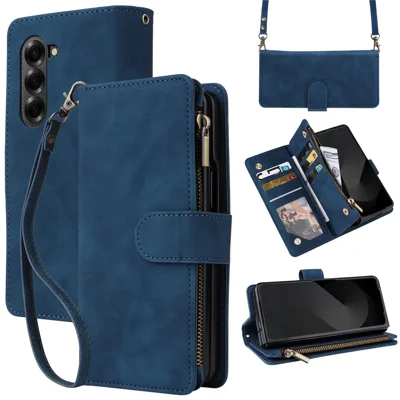For Samsung Galaxy Z Fold6 5G Case Zipper Multi-Pocket Wallet Leather Phone Cover with Shoulder and Wrist Straps - Blue