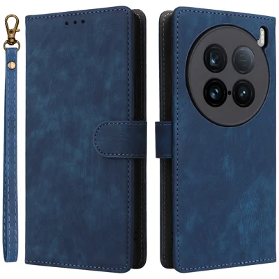 For vivo X100 Ultra 5G Case with Hand Strap RFID Blocking Wallet Leather Cover - Blue