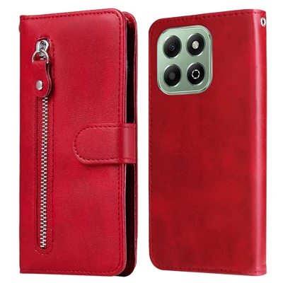 For Honor X6c 4G / X6b 4G Case Zipper Wallet Calf Texture PU Leather Phone Cover - Red