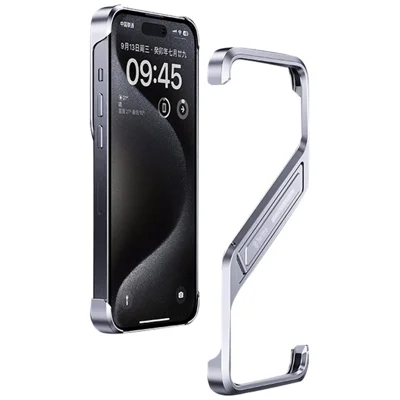For iPhone 14 Pro Max Bumper Case Borderless Kickstand Aluminium Alloy S-shaped Phone Cover - Silver