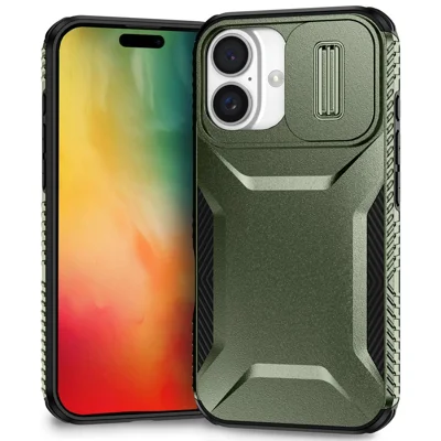For iPhone 16 Case TPU+PC Phone Protector with Slide Lens Cover - Green