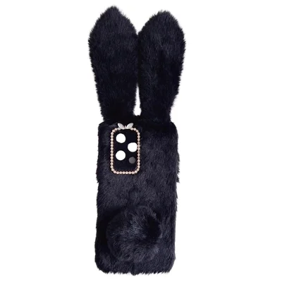For Honor 200 Lite Case Shockproof Soft TPU Phone Cover Bunny Ears Furry - Black