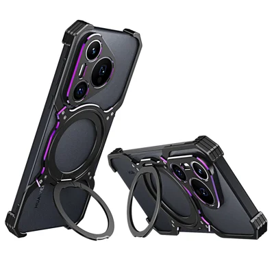 For Huawei Pura 70 Pro / 70 Pro+ Metal Bumper Case Kickstand Magnetic Phone Cover - Black / Purple