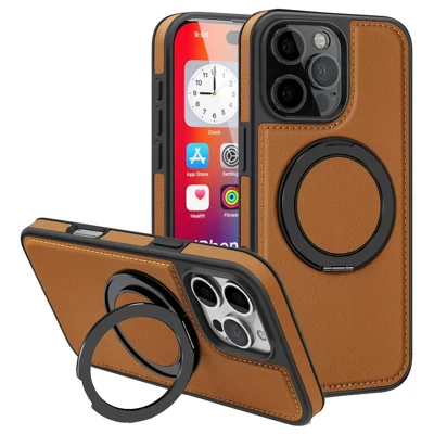 For iPhone 16 Pro Max Case with Ring Kickstand Compatible with MagSafe PU Leather Back Cover - Brown