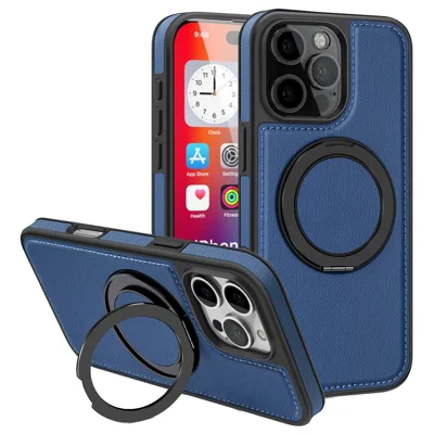 For iPhone 16 Pro Case with Ring Kickstand Compatible with MagSafe PU Leather Back Cover - Blue