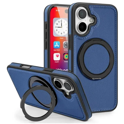 For iPhone 16 Plus Case with Ring Kickstand Compatible with MagSafe PU Leather Back Cover - Blue