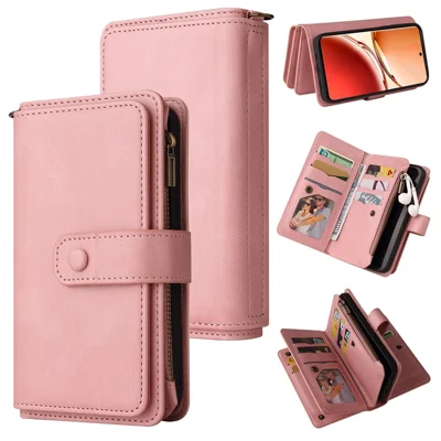 For Oppo Reno12 F 5G Zipper Wallet Case with 15 Card Slots and Strap Leather Phone Cover - Pink