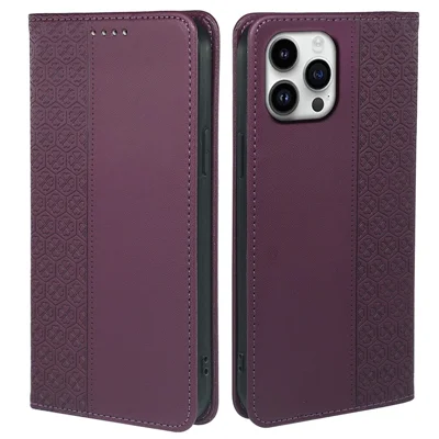 For iPhone 16 Pro Max Case Four-Leaf Clover Leather Flip Phone Cover Stand Wallet - Dark Purple