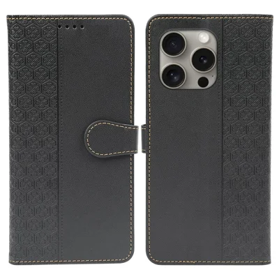 For iPhone 15 Pro Max Case Magnetic Clasp Four-Leaf Clover Leather Phone Cover - Black
