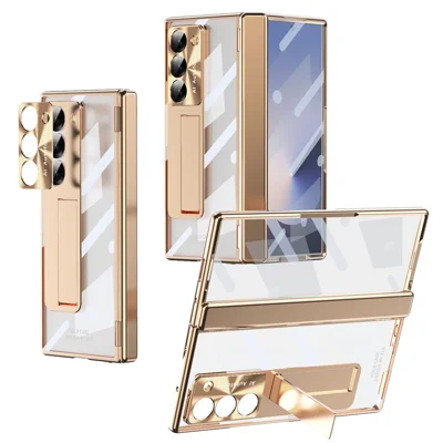For Samsung Galaxy Z Fold6 5G Case Kickstand Hinge Electroplating PC Cover with Screen Film - Champagne Gold