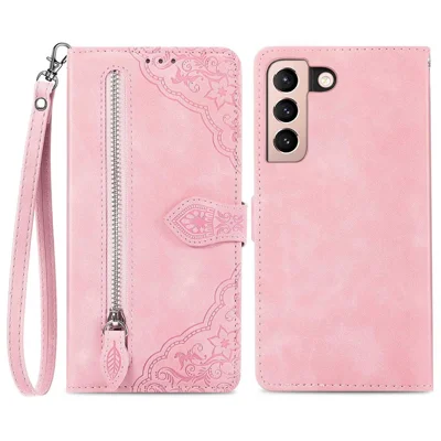 Für Samsung Galaxy S21 5G / S21 4G Kippmünzmappe mit Band Blumenprägung PU-Leder-Handyhülle - Rosa