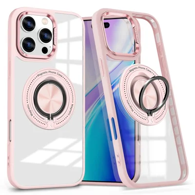 For iPhone 16 Pro Max Case Magnetic Ring Holder Kickstand PC+TPU Phone Cover - Pink