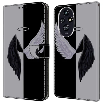 For Honor 200 Pro 5G Wallet Case Magnetic Clasp 3D Pattern Leather Phone Cover - Black / White Wings