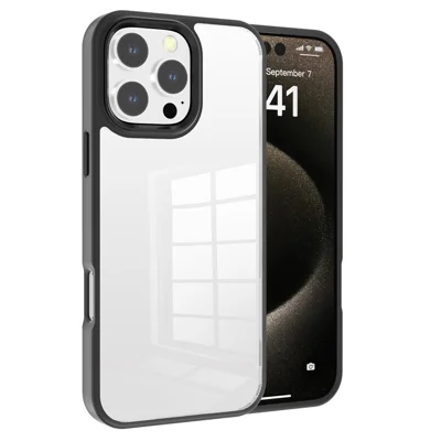 For iPhone 16 Pro Clear Phone Case TPU+ PC Phone Back Cover with Metal Button - Black