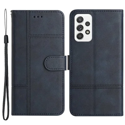 For Samsung Galaxy A53 5G PU Leather Business Wallet Phone Case Lines Imprinted Sand Flip Magnetic Protective Cover with Strap - Blue
