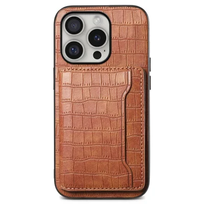 Voor iPhone 16 Pro hoesje met kaarthouder en standaard Bruin lederen achterkant met krokodillenstructuur