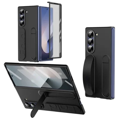 For Samsung Galaxy Z Fold6 5G Case Kickstand Wristband PC Phone Cover with Tempered Glass Film - Black