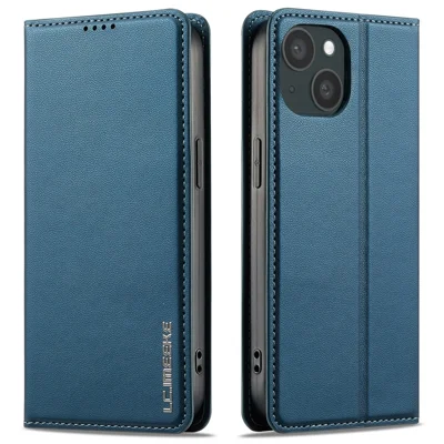 LC.IMEEKE L1 Series for iPhone 15 Case PU Leather Wallet Stand Protective Phone Cover - Blue