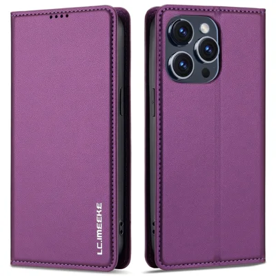 LC.IMEEKE L1 Series for iPhone 14 Pro Case PU Leather Wallet Stand Protective Phone Cover - Purple