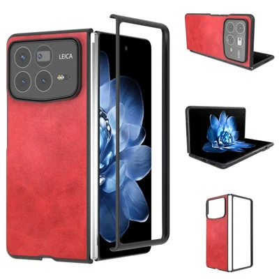 For Xiaomi Mix Fold 4 5G Case Cowhide Texture Hard PC+PU Protective Phone Cover - Red