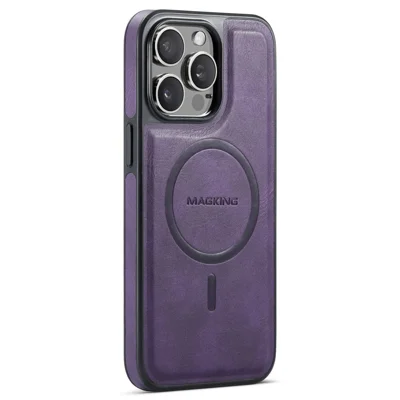 MAGKING K1 Series For iPhone 14 Pro Magnetic Case PC+TPU+PU Leather Shockproof Phone Cover - Purple