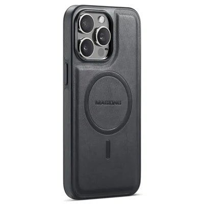 MAGKING K1 Series For iPhone 13 Pro Max Magnetic Case PC+TPU+PU Leather Shockproof Phone Cover - Black