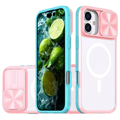 For iPhone 16 Plus Clear Phone Case Compatible with MagSafe PC Cover with Camera Lens Slider - Pink  /  Cyan
