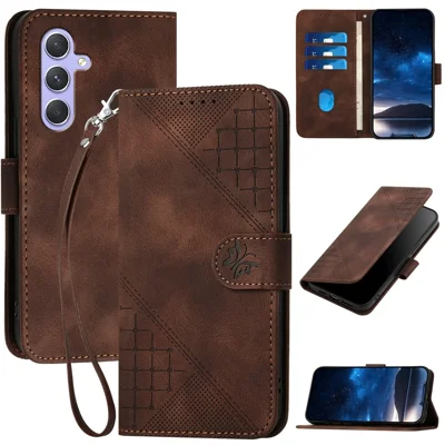 For Samsung Galaxy A55 5G Leather Wallet Case Butterfly Flower Imprinted Phone Cover with Strap - Brown