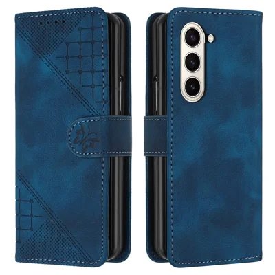 For Samsung Galaxy Z Fold6 5G Leather Wallet Case Butterfly Flower Imprinted Phone Cover with Strap - Sapphire