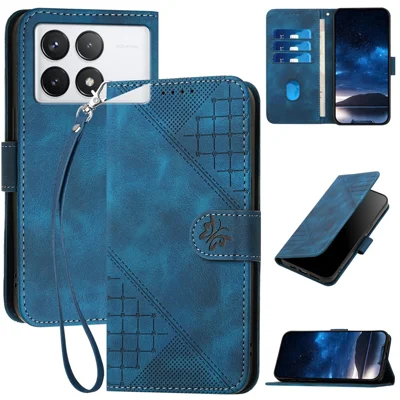 For Xiaomi Poco X6 Pro 5G / Redmi K70E 5G Leather Wallet Case Butterfly Flower Imprinted Phone Cover with Strap - Sapphire