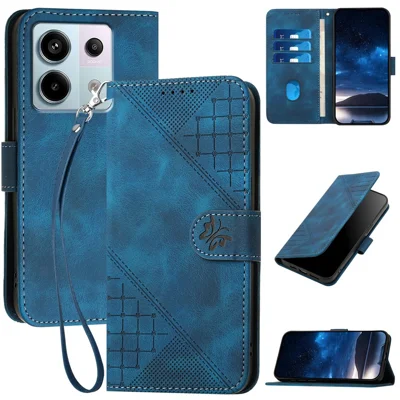For Xiaomi Poco X6 5G / Redmi Note 13 Pro 5G Leather Wallet Case Butterfly Flower Imprinted Phone Cover with Strap - Sapphire