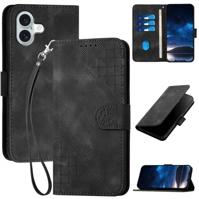 For iPhone 16 Plus Leather Wallet Case Butterfly Flower Imprinted Phone Cover with Strap - Black