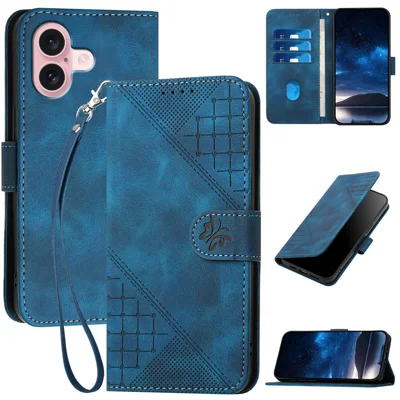 For iPhone 16 Leather Wallet Case Butterfly Flower Imprinted Phone Cover with Strap - Sapphire