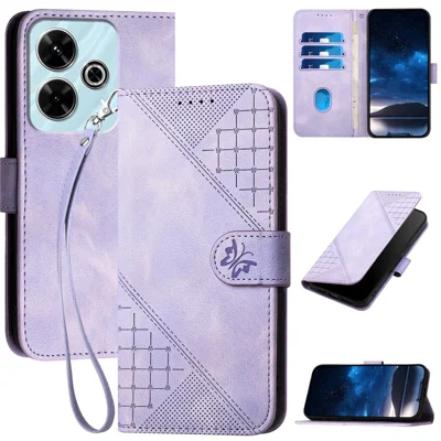 For Xiaomi Redmi 13 5G / 4G / Poco M6 4G / Redmi Note 13R 5G Leather Wallet Case Butterfly Flower Imprinted Phone Cover with Strap - Light Purple