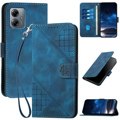 For Motorola Moto G54 5G / G14 4G Leather Wallet Case Butterfly Flower Imprinted Phone Cover with Strap - Sapphire