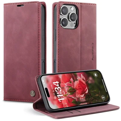 CASEME 013 Series For iPhone 16 Pro Case Card Holder Stand Leather Phone Cover - Red