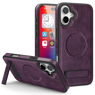 For iPhone 16 Plus Case Compatible with MagSafe with Folded Kickstand PC Silicone Leather Phone Back Cover  - Dark Purple