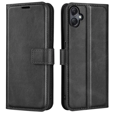 For Samsung Galaxy A06 4G Stand Case Anti-Scratch Calf Texture Leather Phone Cover - Black