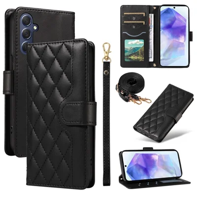 Samsung Galaxy A55 5G hoesje portemonnee ruitstructuur lederen telefoonhoes met schouderband, polsband - Zwart