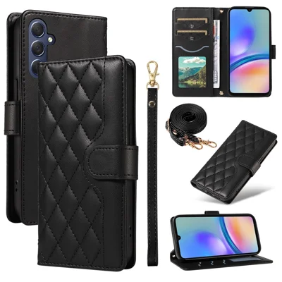 For Samsung Galaxy A05s 4G Case Wallet Rhombus Leather Phone Cover with Shoulder Strap, Wrist Strap - Black
