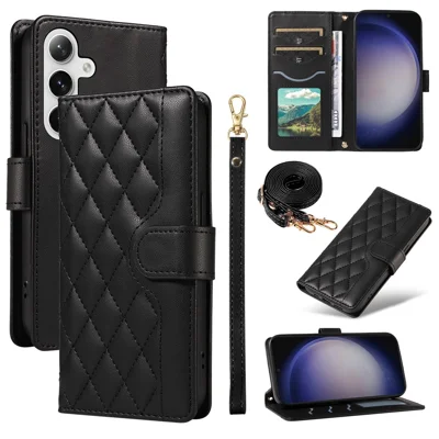 For Samsung Galaxy S25+ / S24+ Case Wallet Rhombus Leather Phone Cover with Shoulder Strap, Wrist Strap - Black