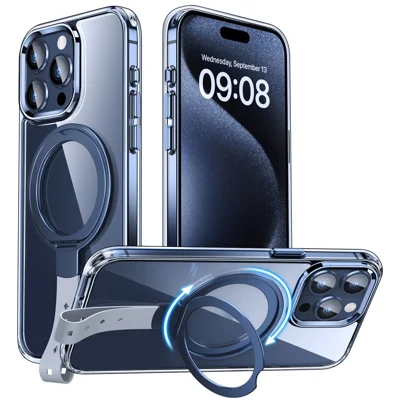 For iPhone 16 Pro Max Case Magnetic Rotatable Kickstand Hard PC Phone Cover - Blue / Grey Rope